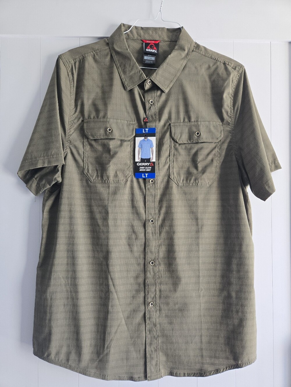 NWT Gerry Short-Sleeve Button-Down Shirt in Olive Large Tall